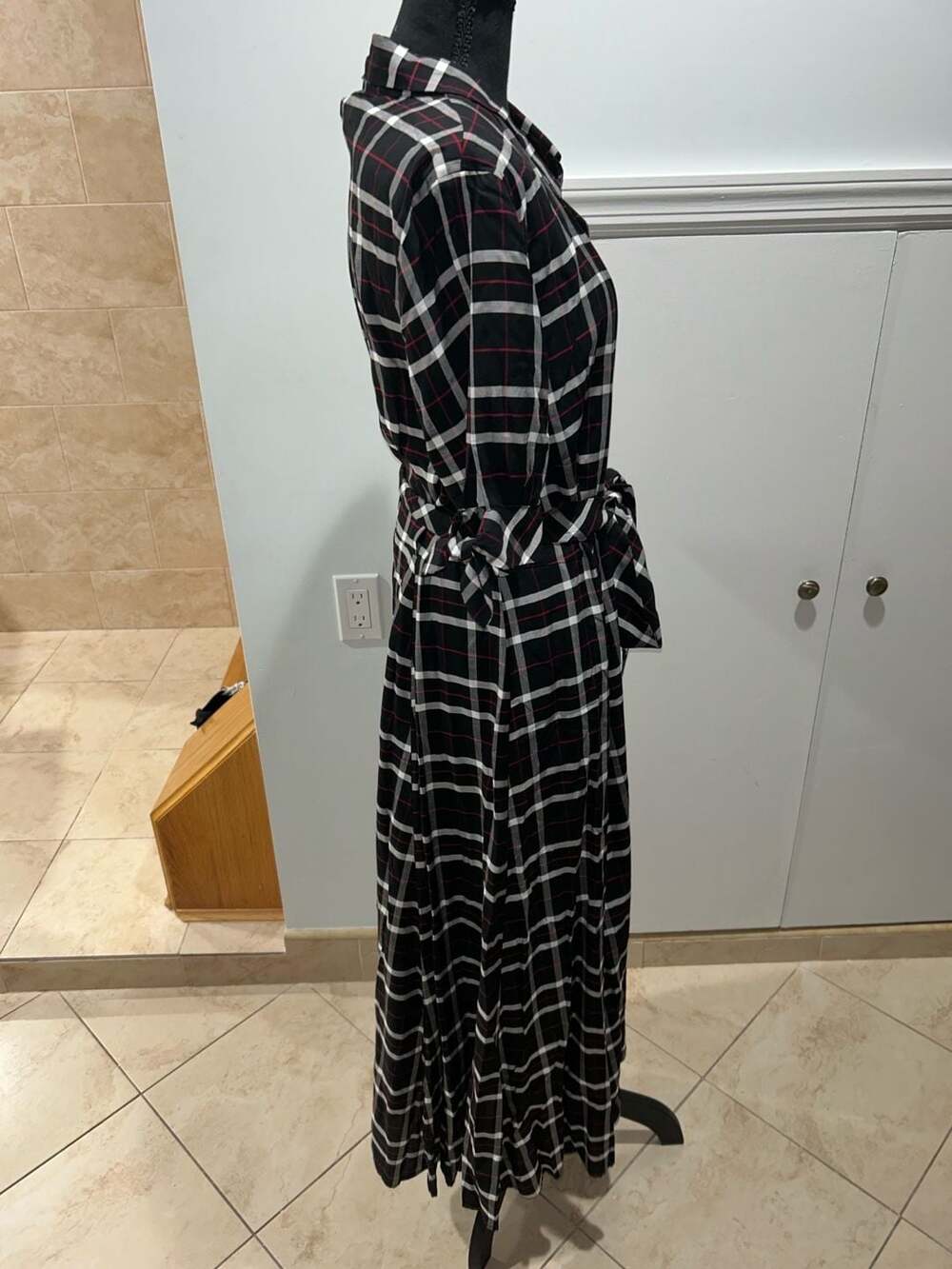 Calvin Klein Black and White Plaid Maxi Shirt Dress with Belt Size 14